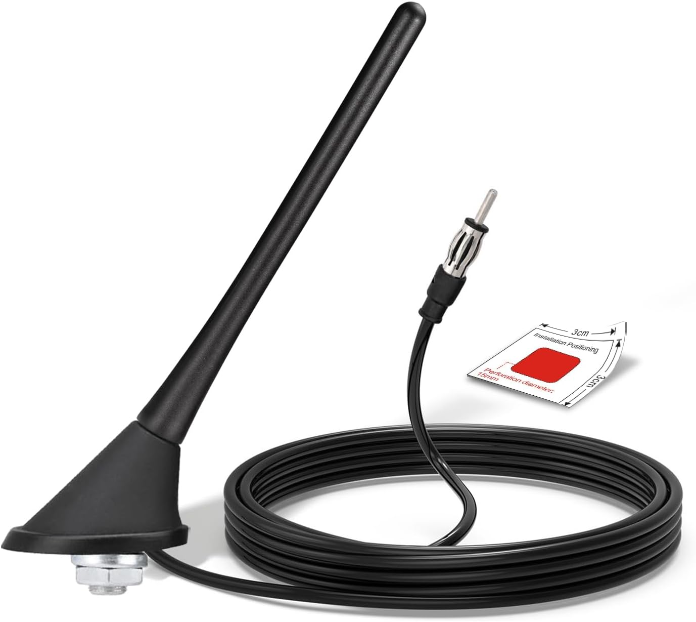 Bingfu 22cm car roof antenna kit with a sturdy mounting base, 5-meter extension cable, and standard DIN plug for vehicle radio