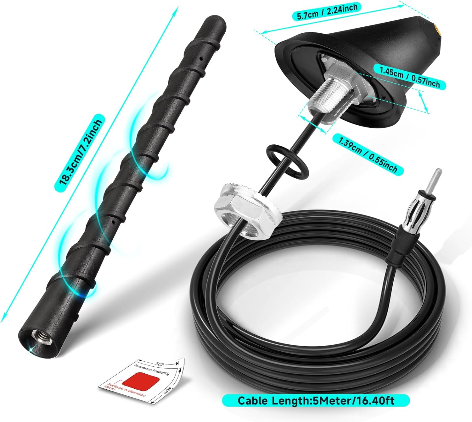 Bingfu 24cm universal roof mount antenna kit with a flexible rubber-wrapped mast, waterproof base, and 5-meter DIN cable
