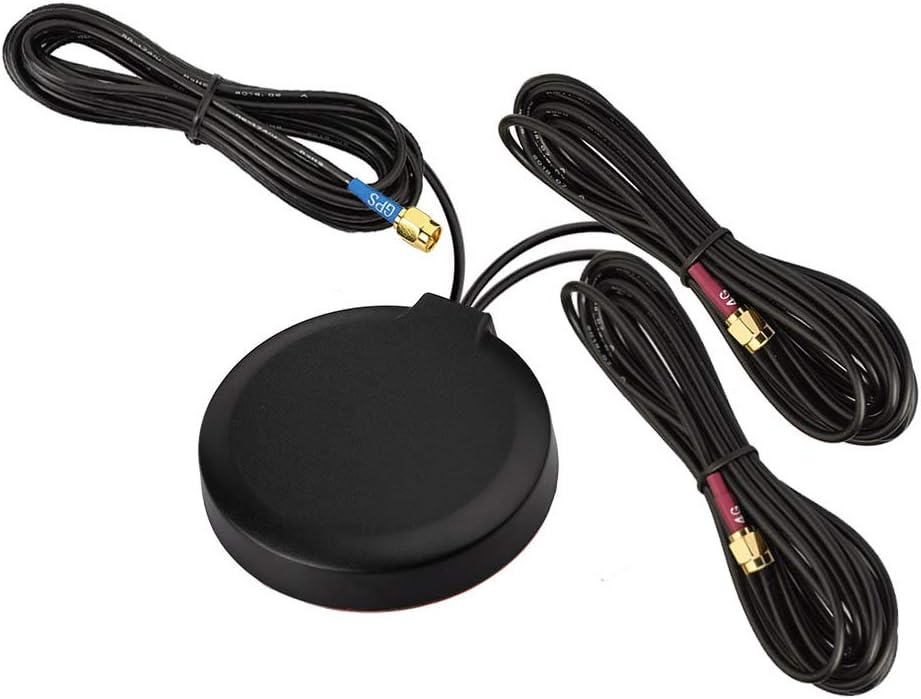 Bingfu 3-in-1 combo antenna with dual 4G LTE MIMO and active GPS, featuring a sleek black circular housing and 3m extension cables