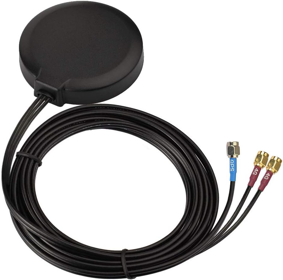 Bingfu 3-in-1 combo antenna with dual 4G LTE MIMO and active GPS, featuring a sleek black circular housing and 3m extension cables