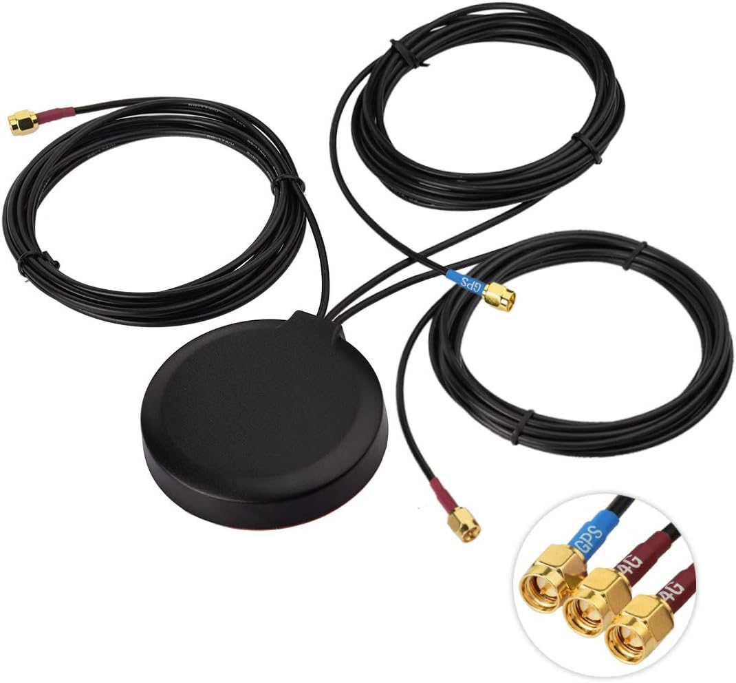 Bingfu 3-in-1 combo antenna with dual 4G LTE MIMO and active GPS, featuring a sleek black circular housing and 3m extension cables