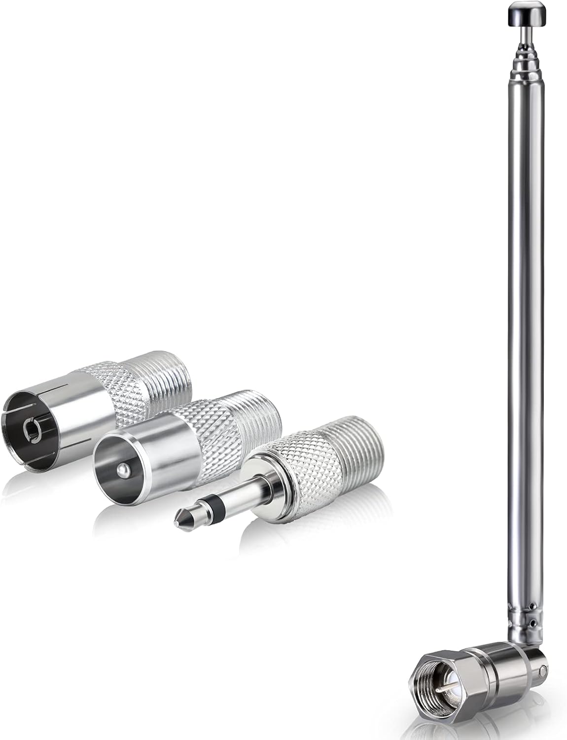 Bingfu 50cm 6-section telescopic FM radio antenna with a 75-ohm F-type male connector and a polished stainless steel finish