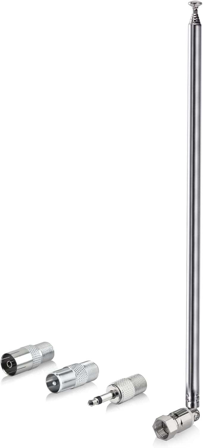 Bingfu 75 Ohm telescopic FM DAB radio antenna with a high-polished chrome finish and a standard F-type male connector