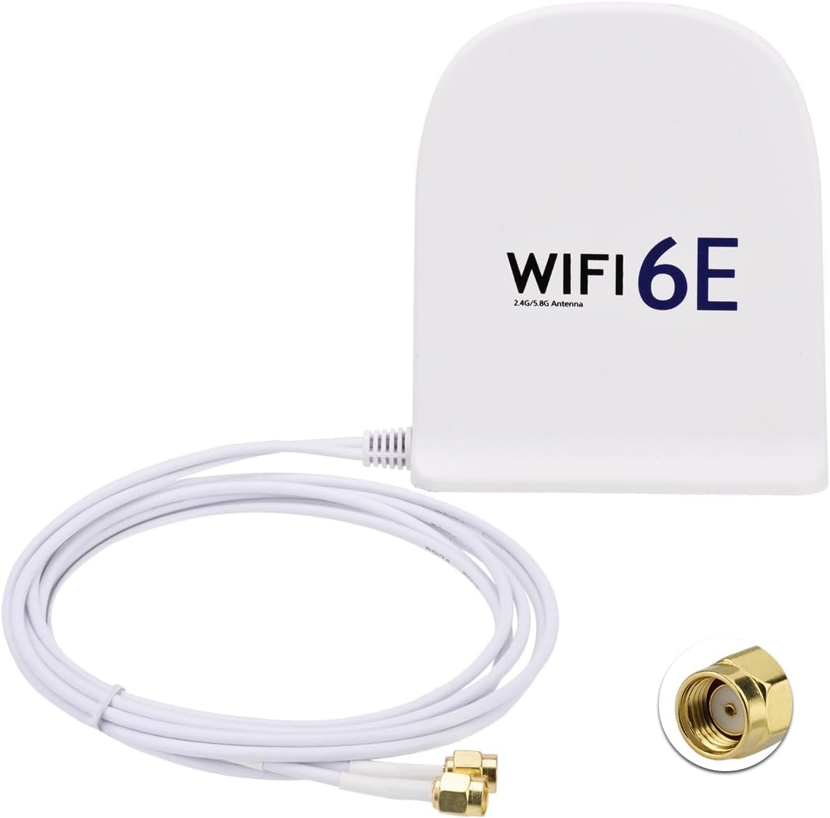 Bingfu 8dBi white WiFi 6E tri-band magnetic base antenna with dual RP-SMA male connectors and 6.5ft white extension cable