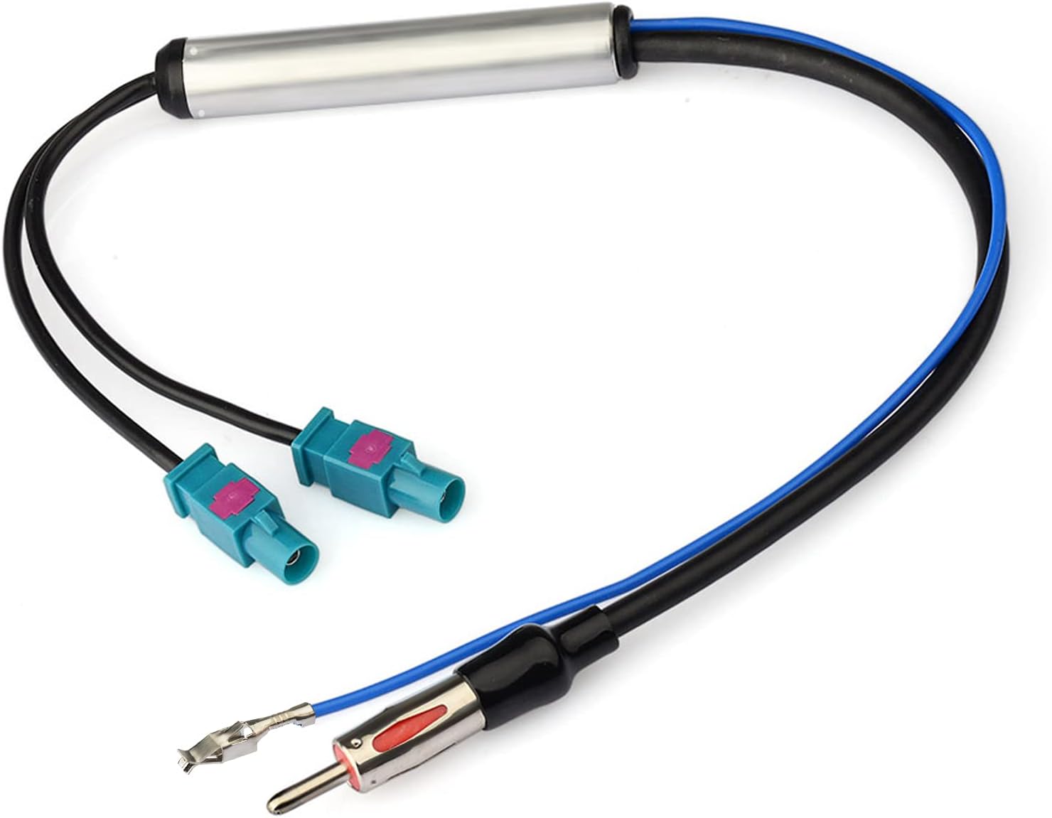 Bingfu Car Radio Antenna Adapter Fakra Splitter - DIN Plug to Dual Fakra Z Male Connector with Phantomspeisung Power Supply - Active FM DAB Aerial Adapter for VW, Audi, Skoda, BMW Aftermarket Stereo Head Unit