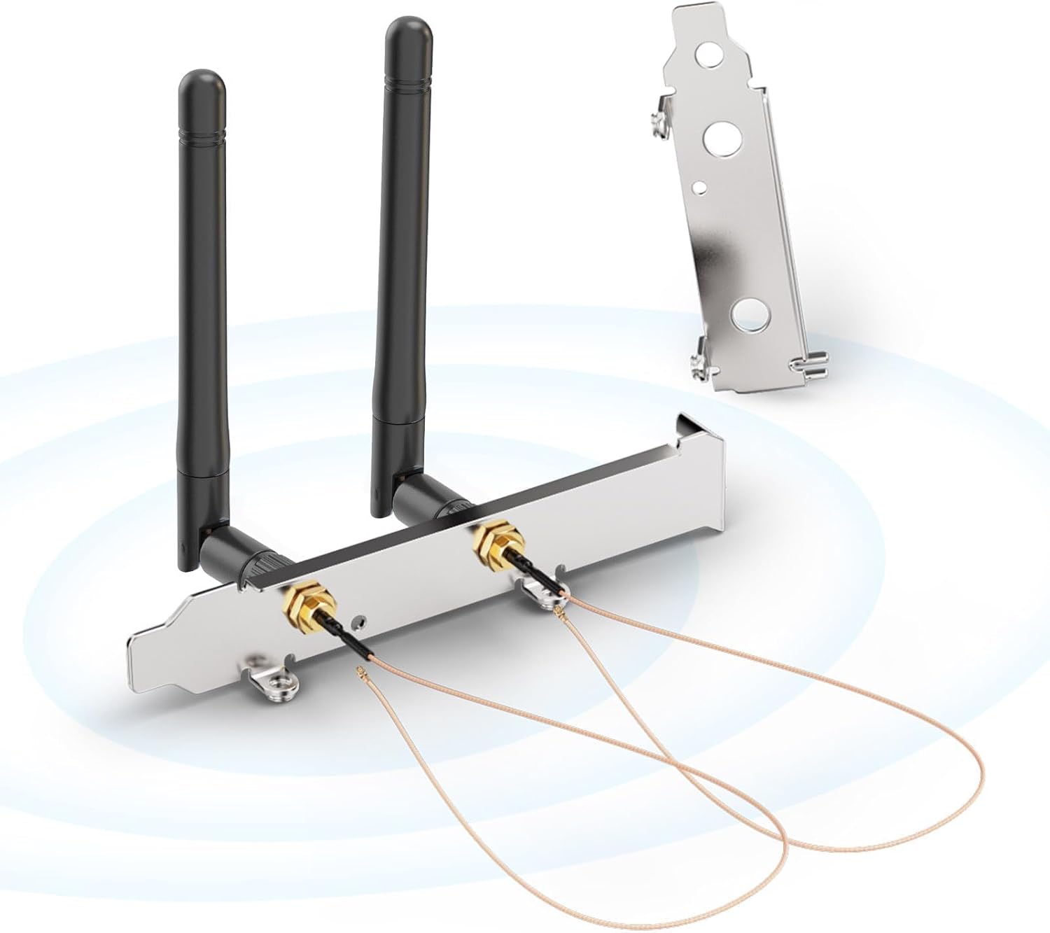 Bingfu Dual Band WiFi antenna kit with 2 antennas, 2 IPEX U.FL pigtail cables, and a PCI slot bracket
