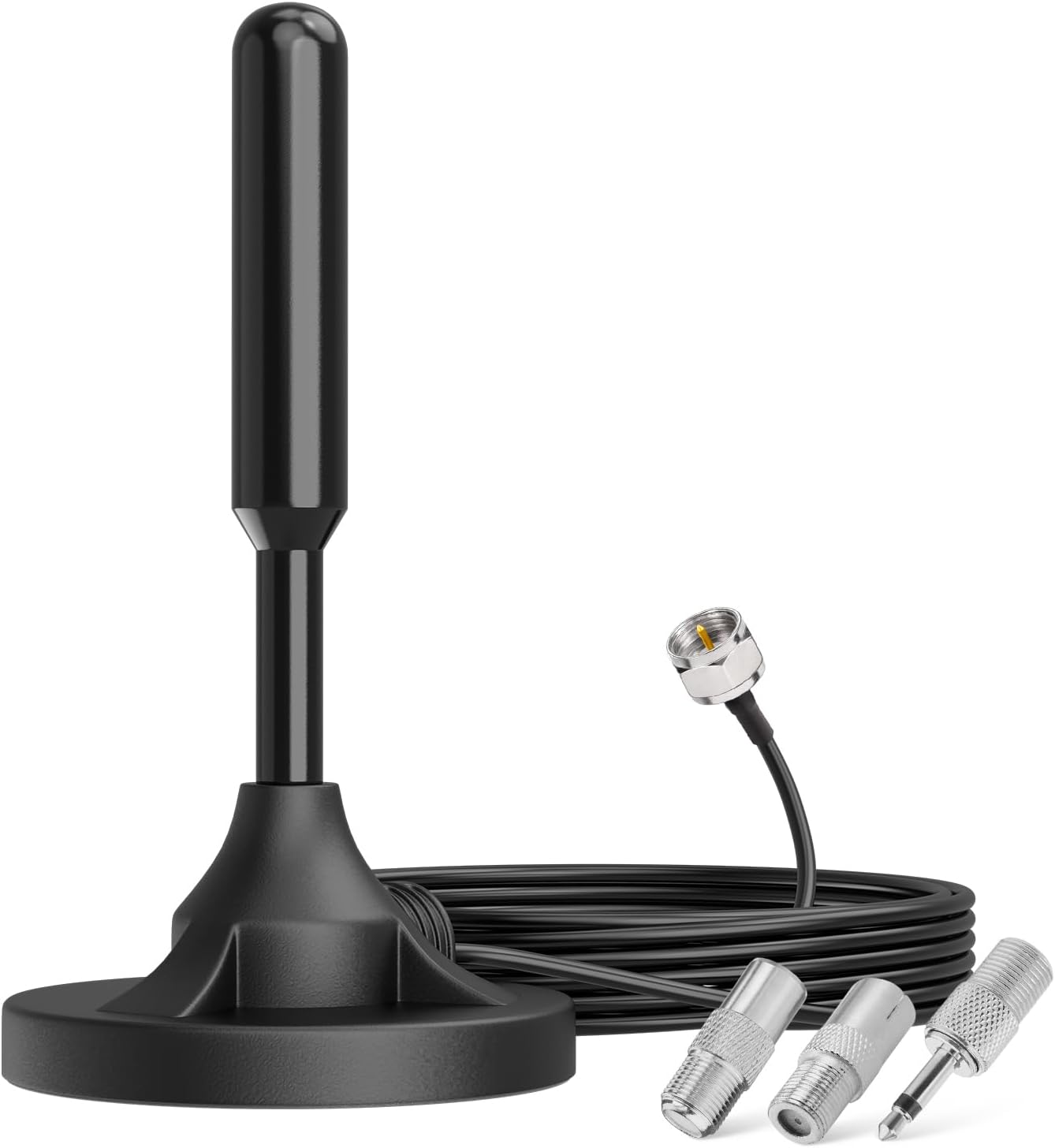 Bingfu FM radio telescopic antenna with magnetic base, 3-meter coaxial cable, and a set of 3 universal connectors for home stereo receivers