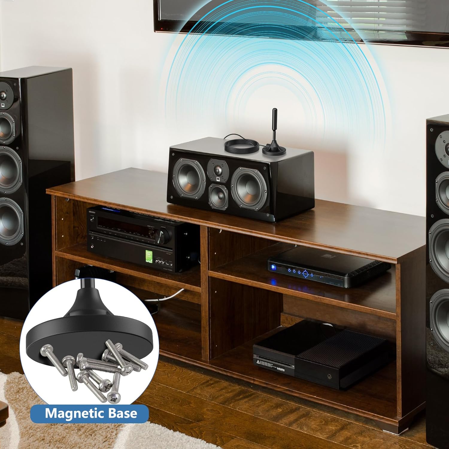 Bingfu FM radio telescopic antenna with magnetic base, 3-meter coaxial cable, and a set of 3 universal connectors for home stereo receivers