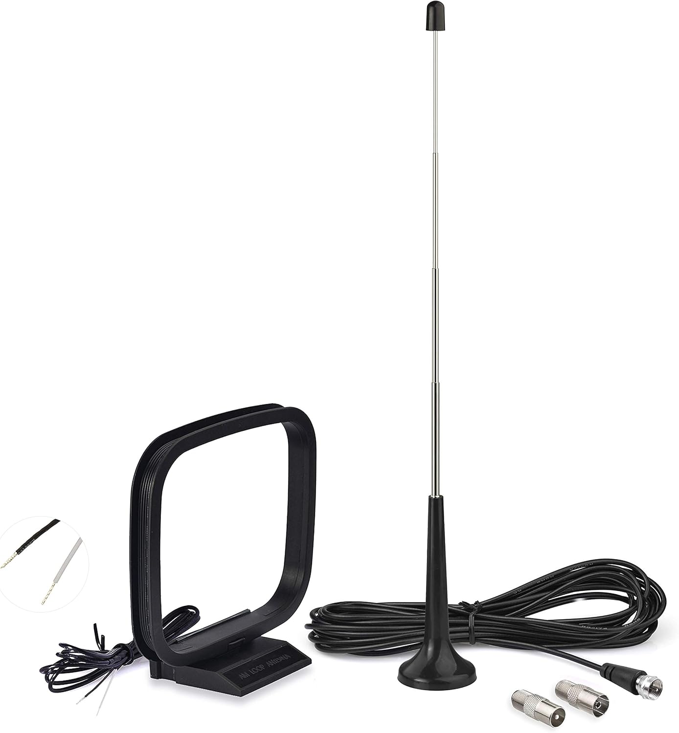 Bingfu FM telescopic antenna with magnetic base and AM loop antenna kit, including three different RF coaxial adapters for universal receiver compatibility