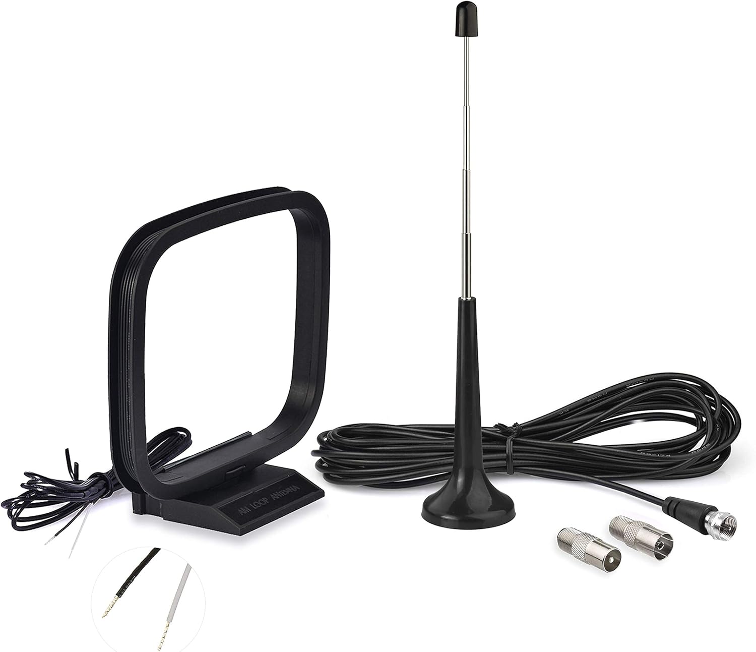 Bingfu FM telescopic antenna with magnetic base and AM loop antenna kit, including three different RF coaxial adapters for universal receiver compatibility