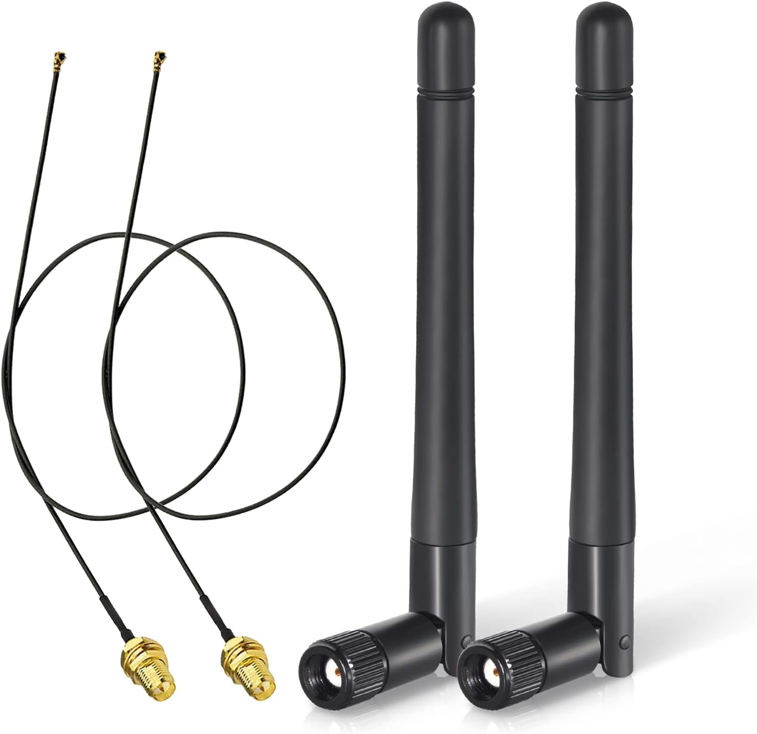 Bingfu M.2 WiFi antenna kit featuring two 3dBi RP-SMA antennas and two 30cm MHF4 to RP-SMA female pigtail cables