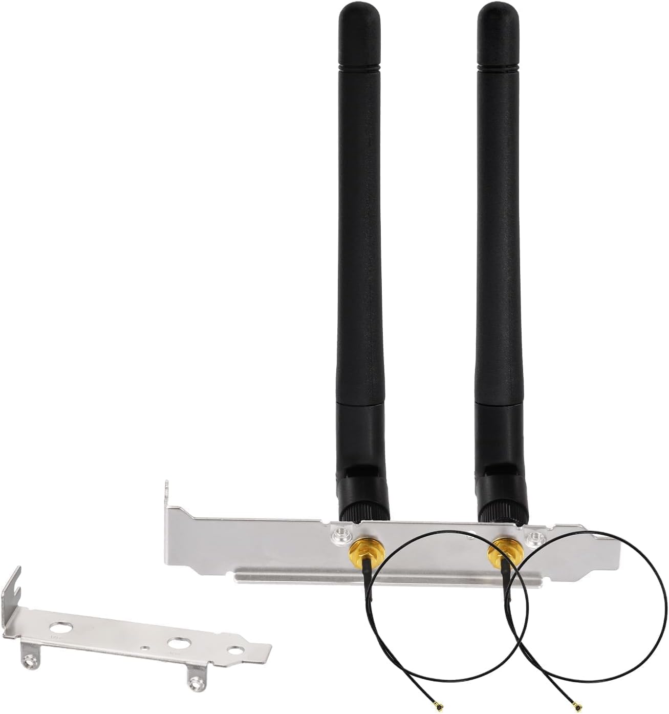 Bingfu M.2 WiFi antenna kit including 2 antennas, 2 MHF4 pigtail cables, and a PCI slot bracket