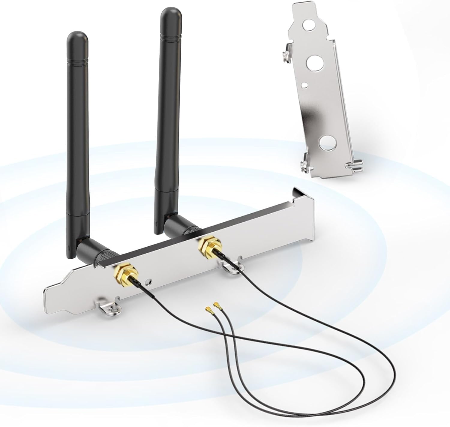 Bingfu M.2 WiFi antenna kit including 2 antennas, 2 MHF4 pigtail cables, and a PCI slot bracket