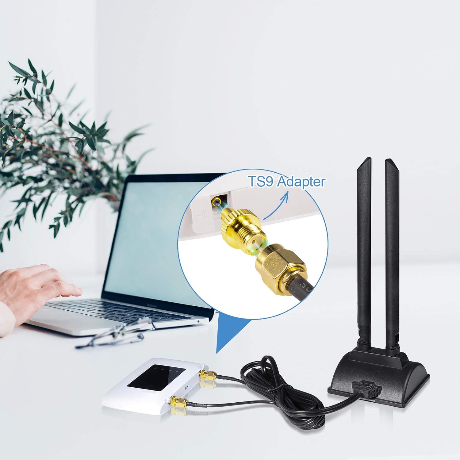 Bingfu MIMO antennas connected to a 4G LTE CPE router for stable home office internet