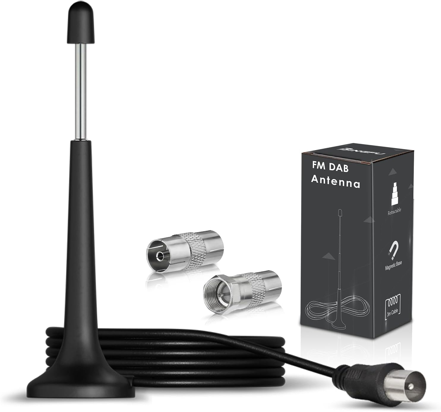 Bingfu Magnetic FM DAB Radio Antenna - Telescopic Aerial with 3m Extension Cable & F-Type Connector - Includes 3 Adapters for Bose Wave, Yamaha, Onkyo, Denon Home Stereo Receiver & Hi-Fi System
