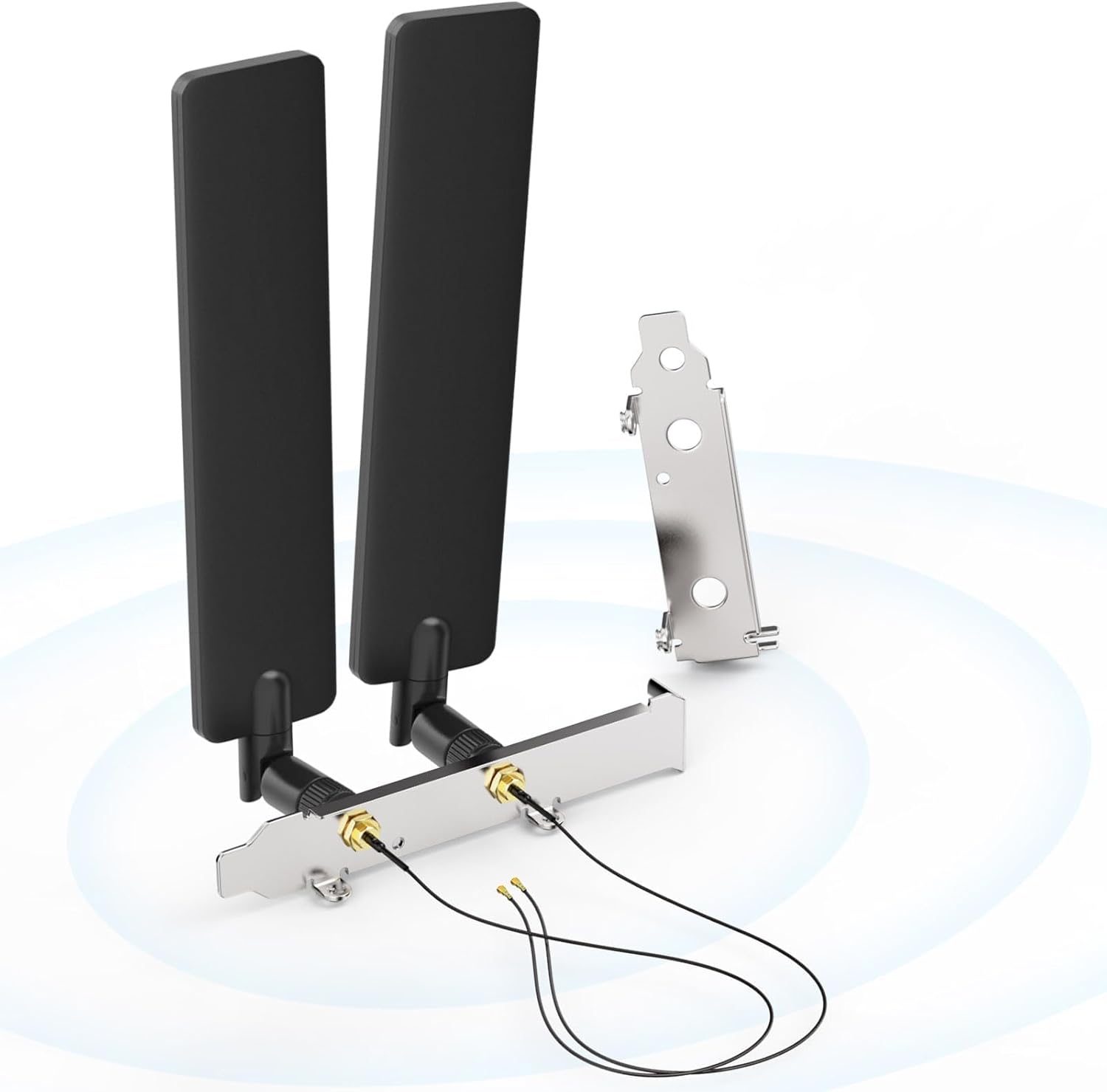 Bingfu Tri-band WiFi 6E antenna kit with 2 high-gain antennas, 20cm MHF4 pigtails, and a PCI slot bracket
