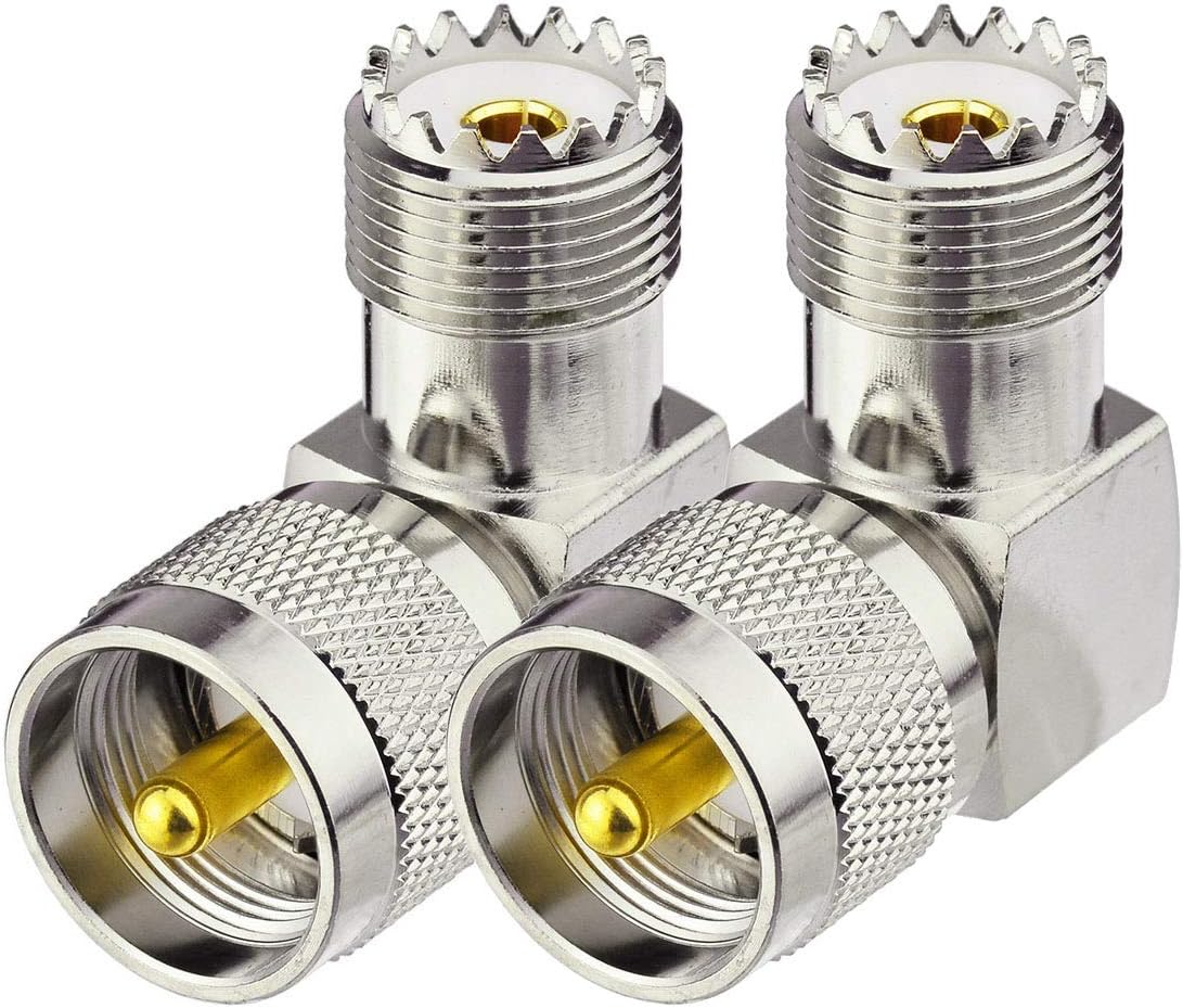 Bingfu UHF PL259 male to SO239 female right angle RF coaxial adapter 2-pack, nickel-plated finish.
