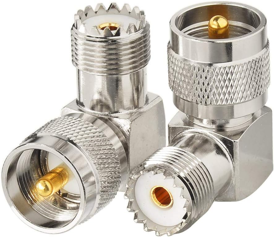 Bingfu UHF PL259 male to SO239 female right angle RF coaxial adapter 2-pack, nickel-plated finish.