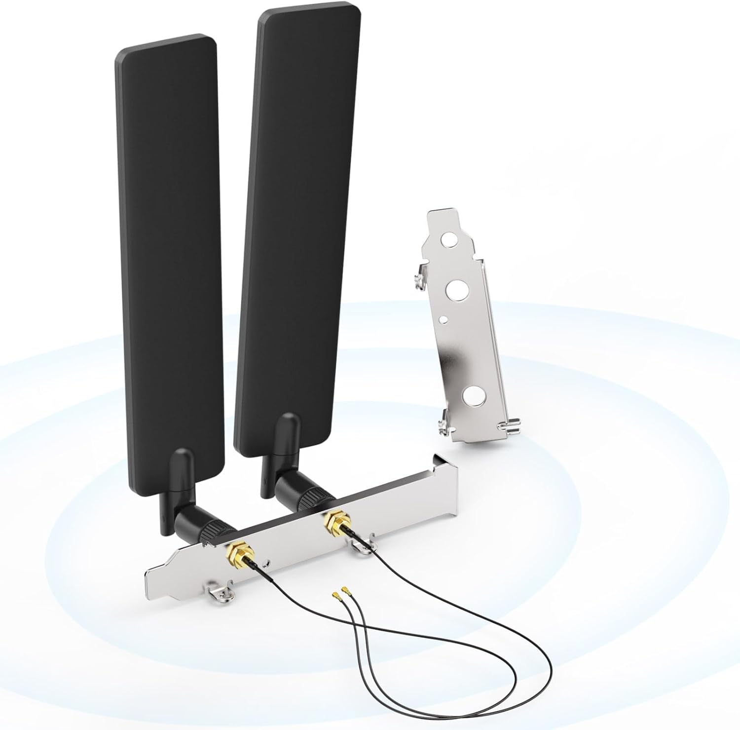 Bingfu WiFi 6E tri-band antenna kit including two 6dBi antennas, PCI slot bracket, and two MHF4 to RP-SMA pigtail cables.
