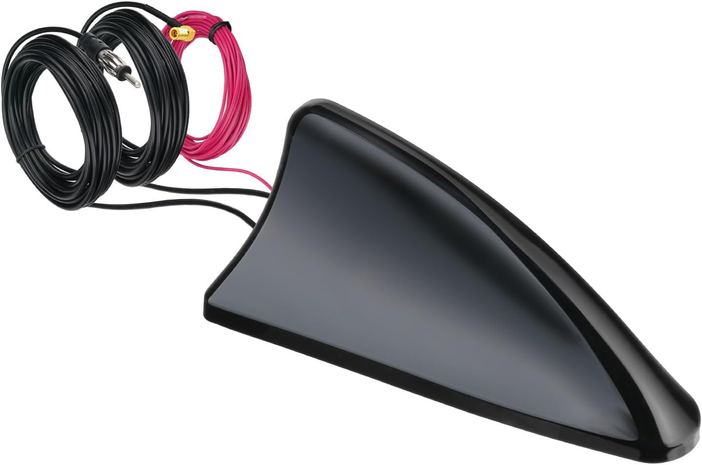 Bingfu active 2-in-1 shark fin antenna in gloss black, integrated DAB+ and FM/AM signal booster with dual-cable output