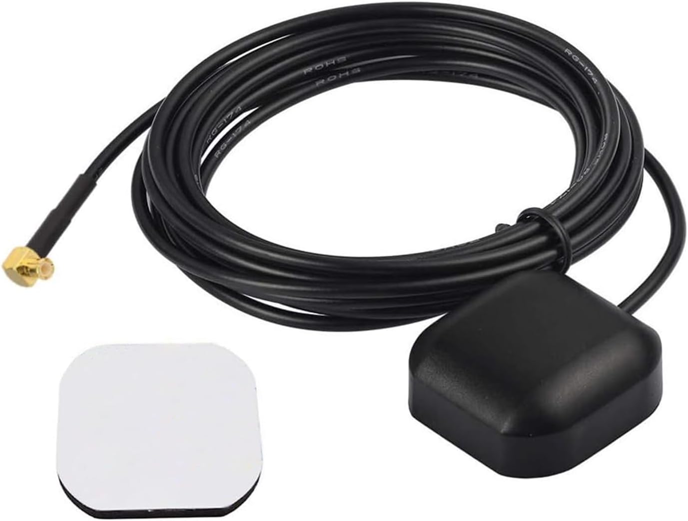 Bingfu external active GPS antenna featuring a compact black housing, 3m RG174 cable, and a 90-degree MCX male right-angle connector