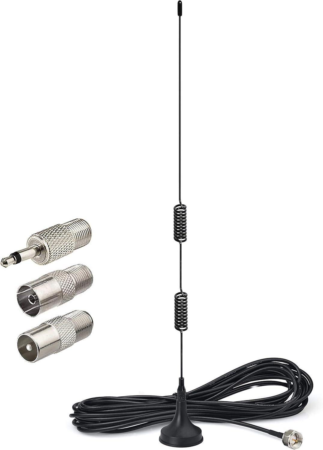 Bingfu indoor FM/DAB radio antenna with a high-gain magnetic base, 3-meter RG174 extension cable, and a complete set of 3 connector adapters