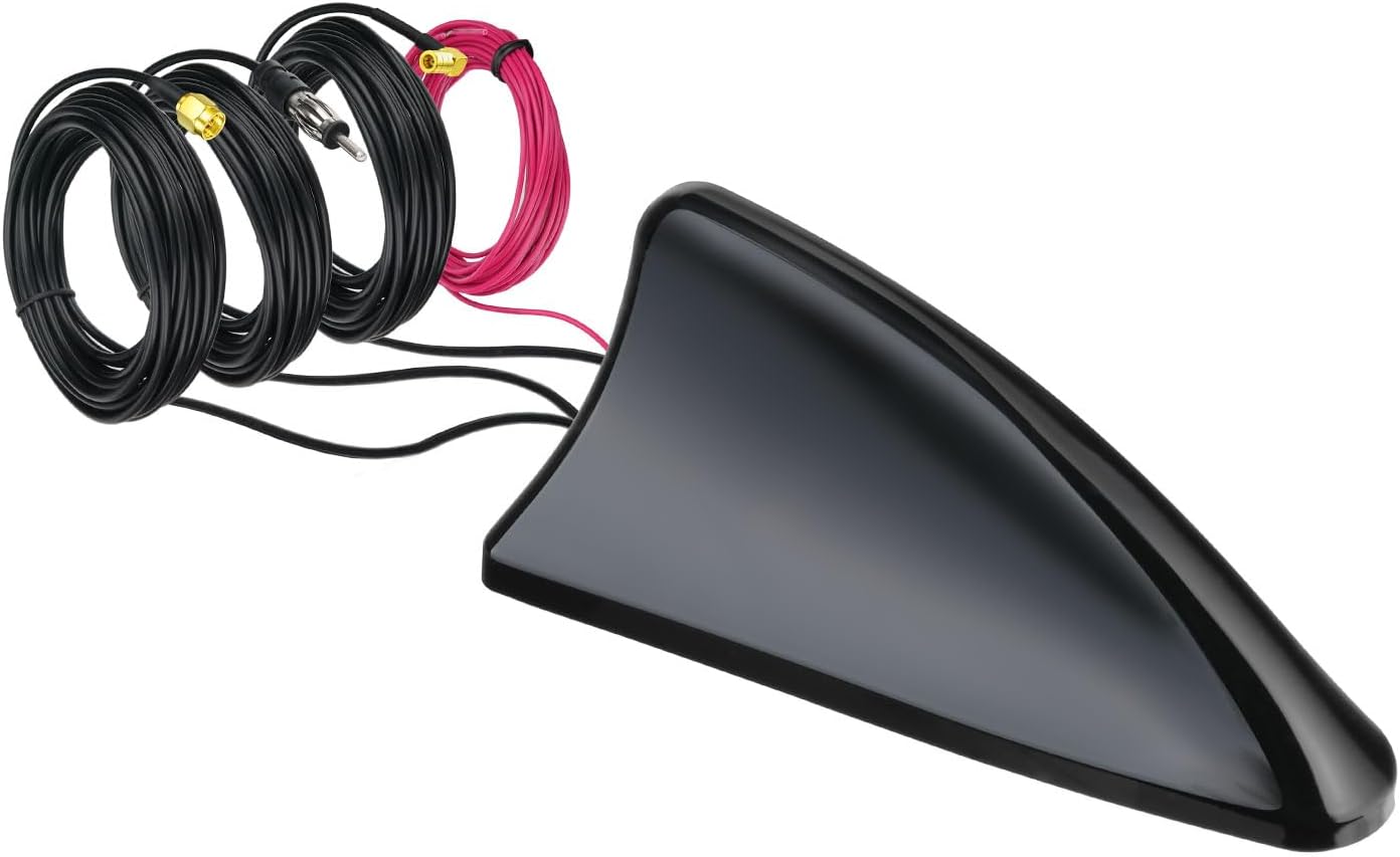 Bingfu premium 4-in-1 shark fin antenna in gloss black, supporting DAB+, FM/AM, GPS, and GNSS/Beidou signals with triple-cable output.