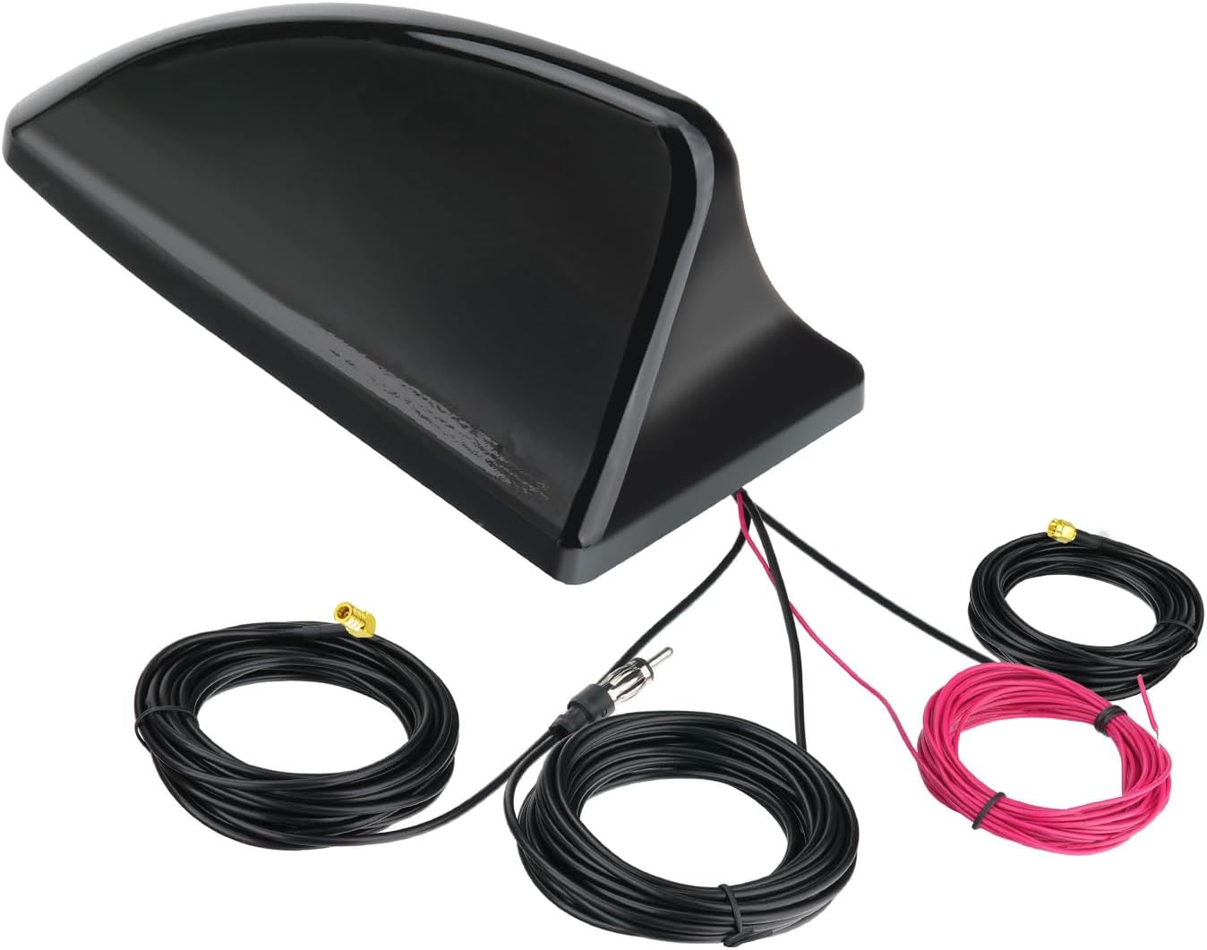 Bingfu premium 4-in-1 shark fin antenna in gloss black, supporting DAB+, FM/AM, GPS, and GNSS/Beidou signals with triple-cable output