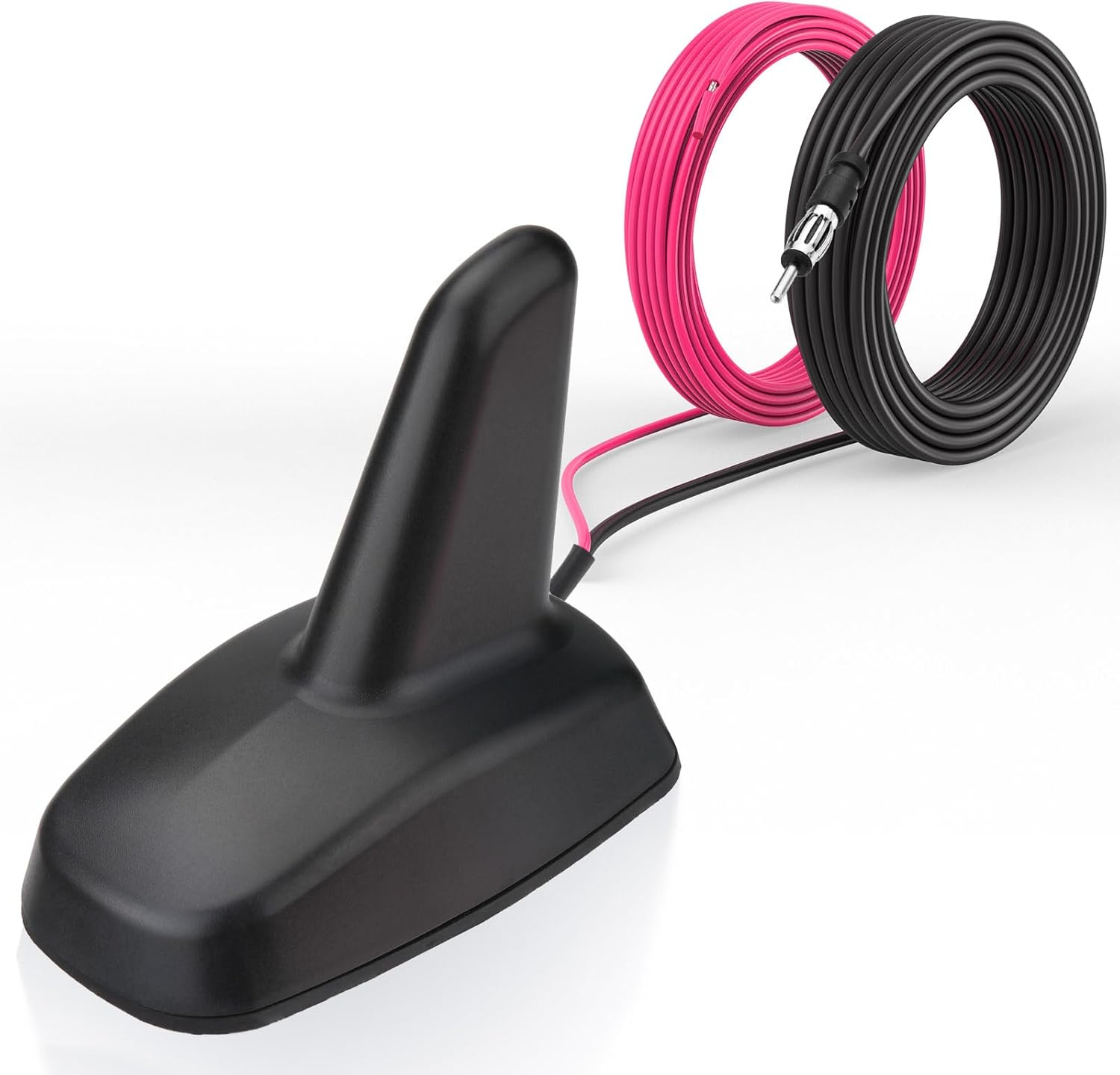 Bingfu premium universal shark fin antenna in gloss black, featuring an aerodynamic shape and built-in active signal booster for car radio.