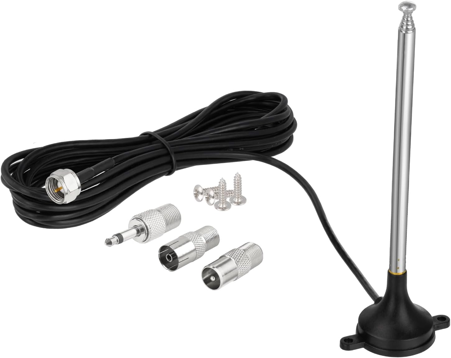 Bingfu telescopic DAB FM radio antenna with magnetic base, 3-meter cable, and a set of 3 connector adapters