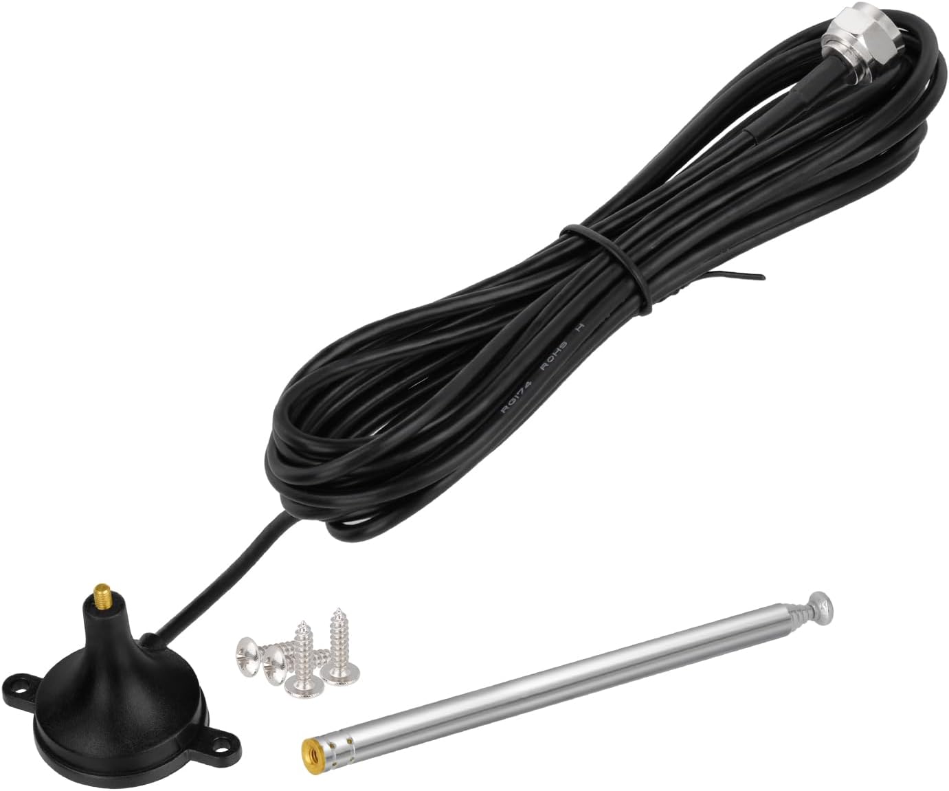 Bingfu telescopic DAB FM radio antenna with magnetic base, 3-meter cable, and a set of 3 connector adapters