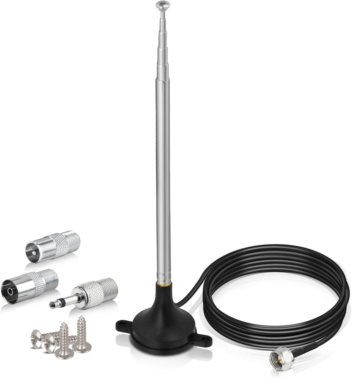 Bingfu telescopic DAB FM radio antenna with magnetic base, 3-meter cable, and a set of 3 connector adapters