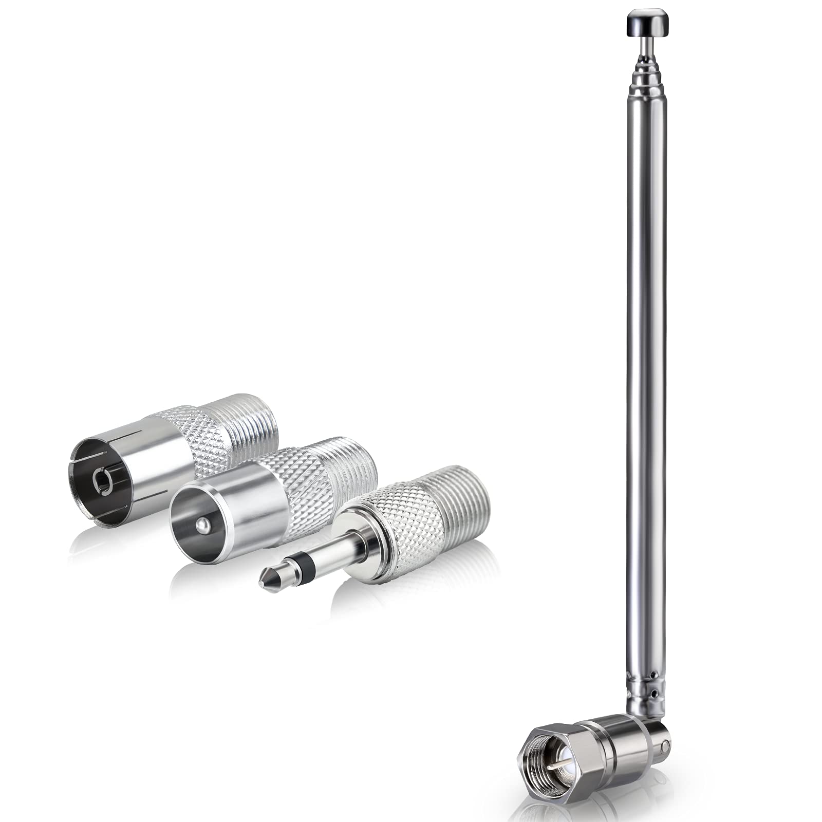 Bingfu telescopic FM DAB radio antenna kit featuring a 75-ohm F-type connector and two additional adapters: PAL female and 3.5mm audio plug