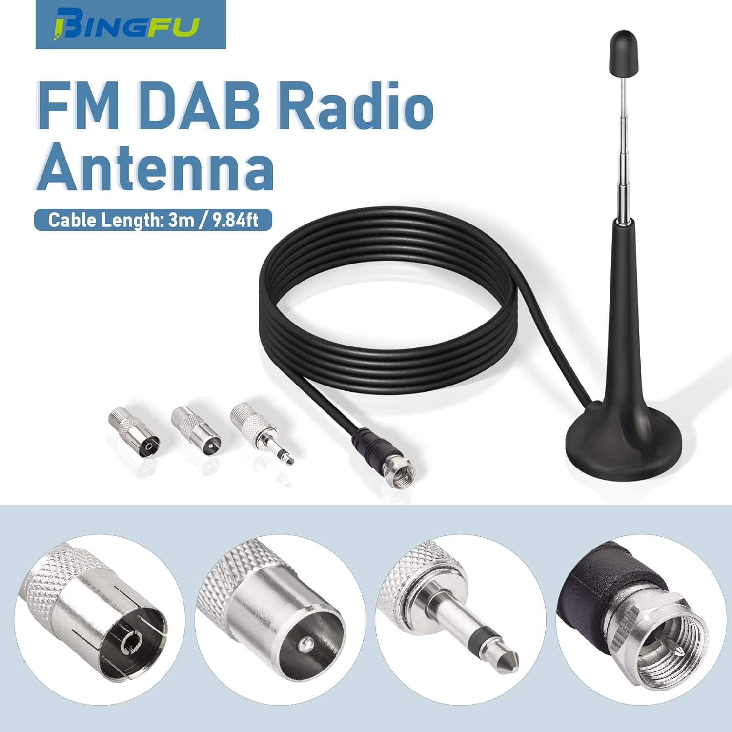 Bingfu telescopic FM DAB radio antenna with a heavy-duty magnetic base, 3-meter coaxial cable, and a set of 3 connector adapters
