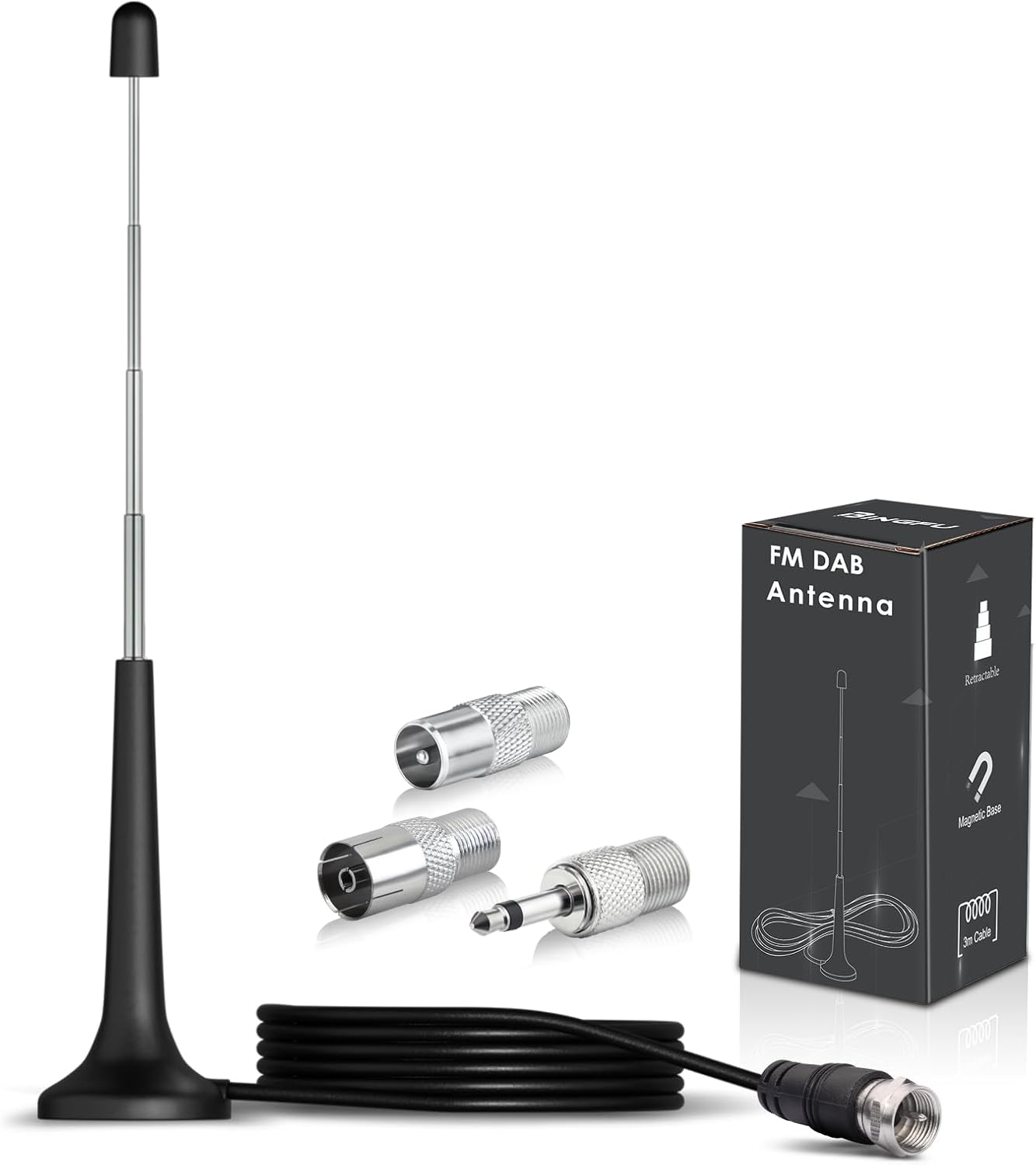 Bingfu telescopic FM DAB radio antenna with a heavy-duty magnetic base, 3-meter coaxial cable, and a set of 3 connector adapters