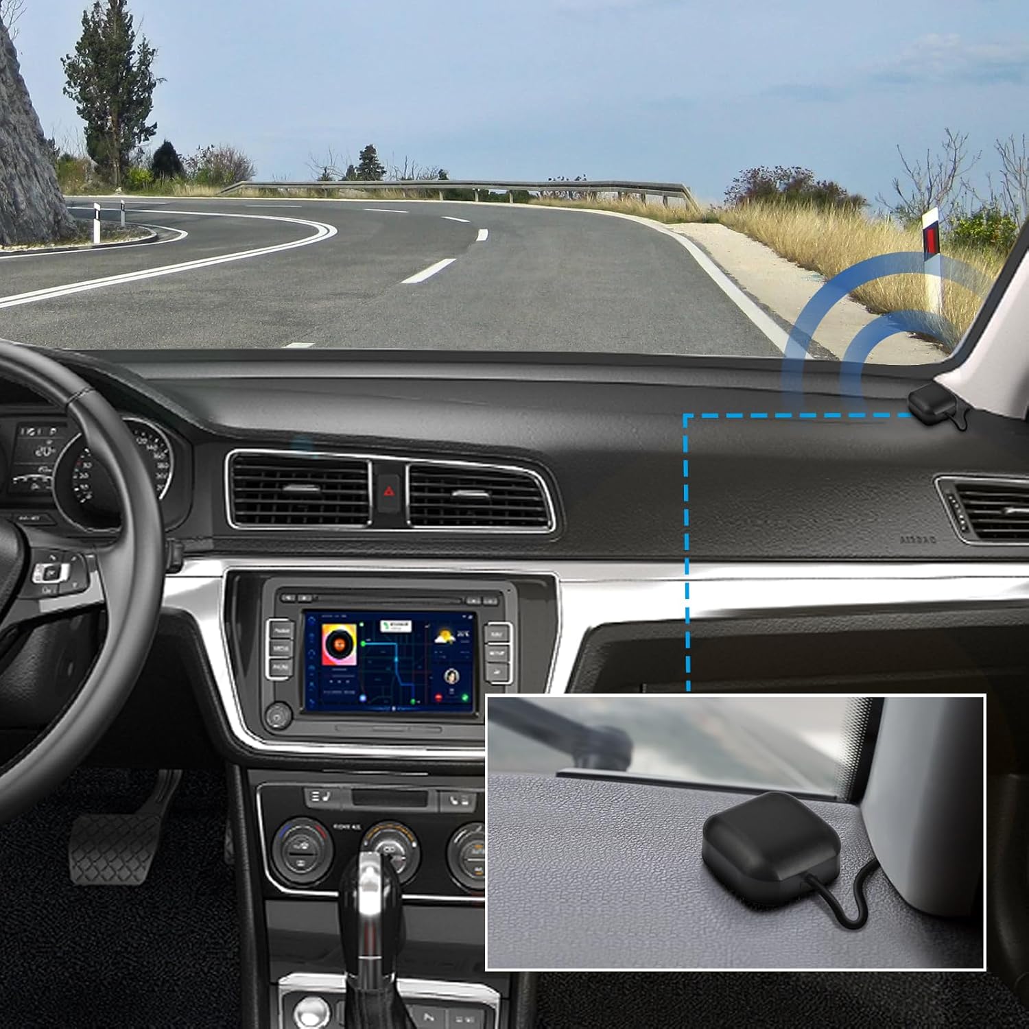 Car interior with a navigation head unit showing improved signal strength
