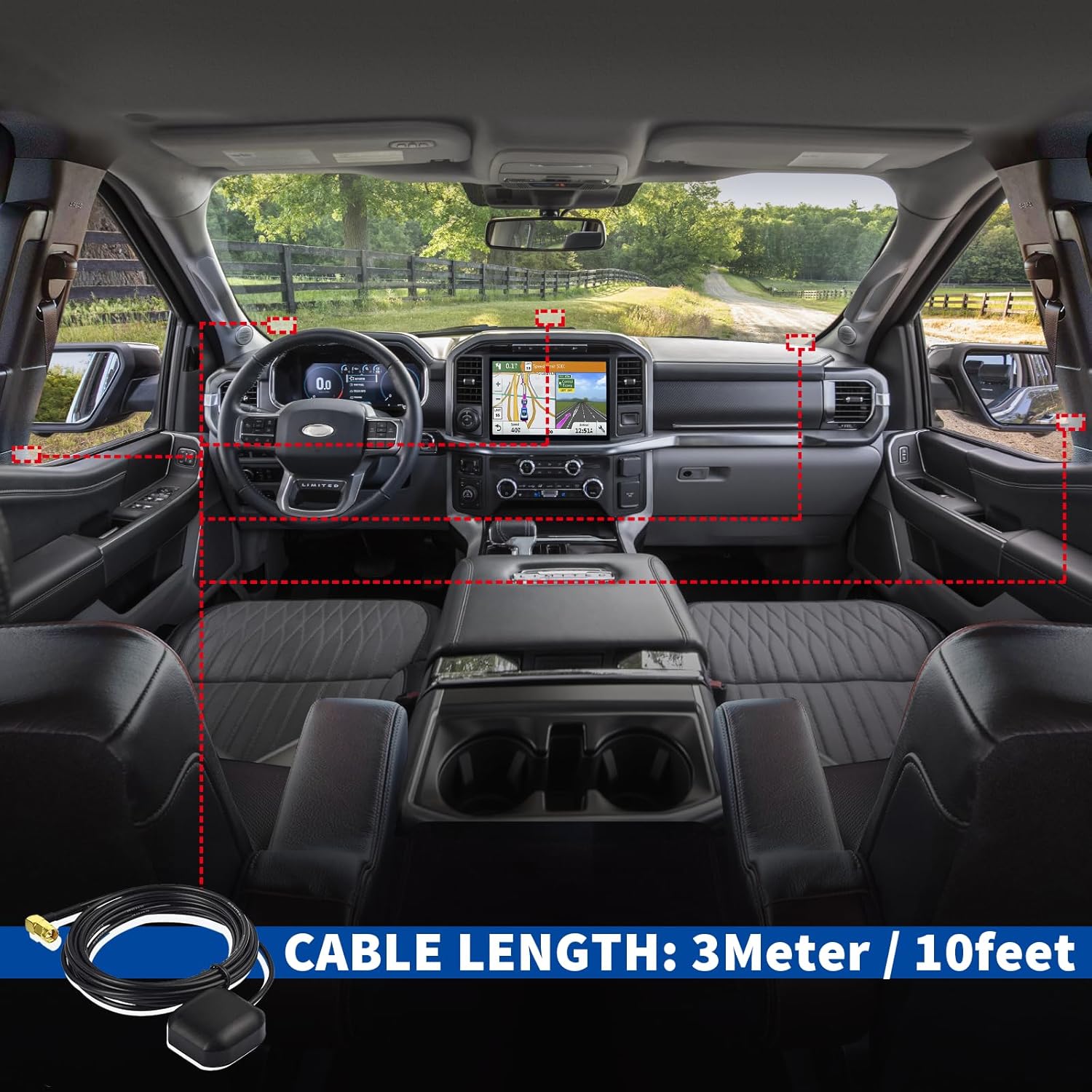 Car interior with a navigation head unit showing improved signal strength