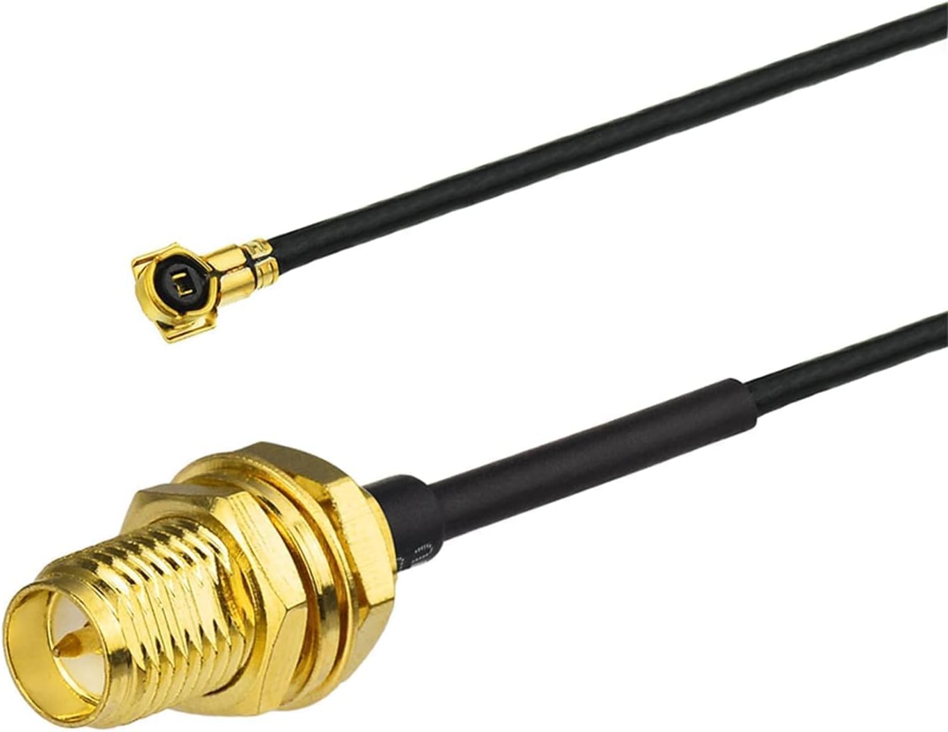 Close-up of IPEX4 MHF4 connector (ultra-tiny) vs. RP-SMA male connector for Intel AX210/AX200 cards