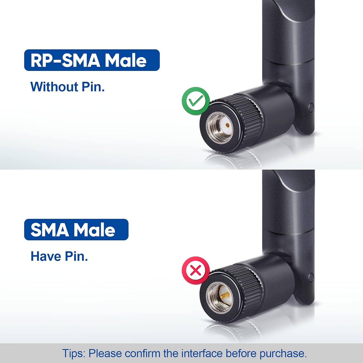 Close-up of RP-SMA Male connector (internal thread with center hole) with gold-plated finish for superior conductivity.