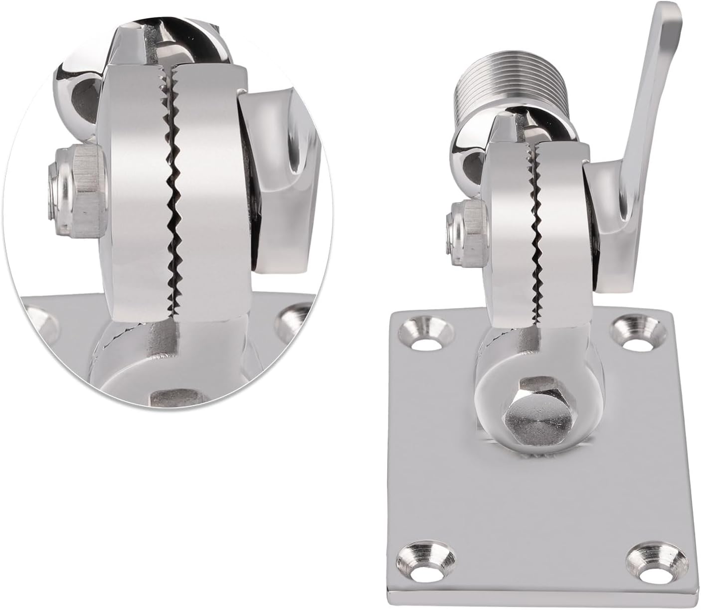 Close-up of adjustable dual-axis marine antenna mount stainless steel construction