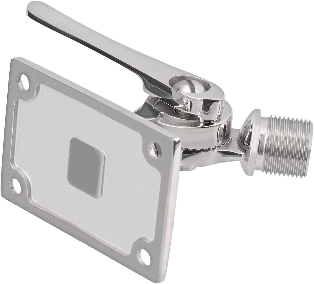 Close-up of adjustable dual-axis marine antenna mount stainless steel construction