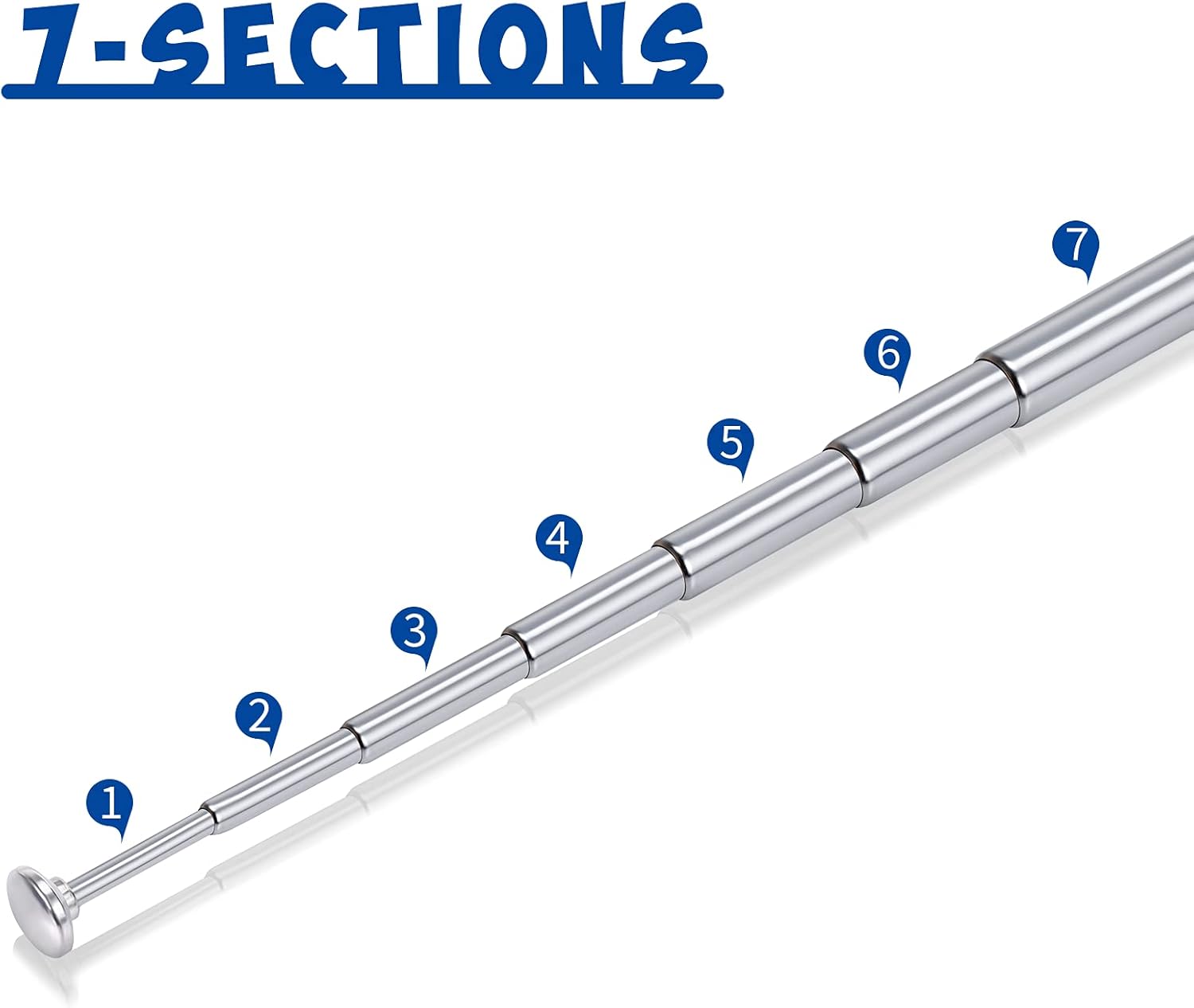 Close-up of the 7-section extendable stainless steel rod, showing the flexible 180-degree swivel joint for optimal signal orientation