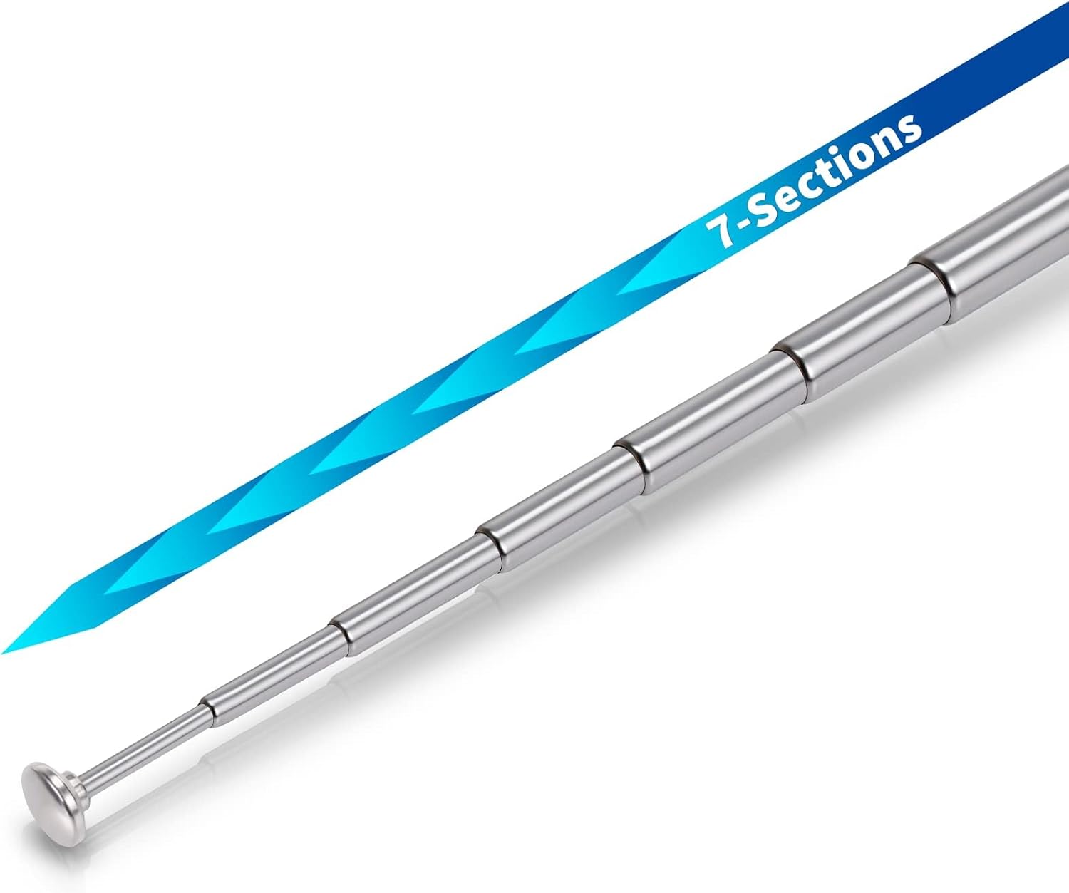 Close-up of the 7-section extendable stainless steel rod, showing the smooth telescopic mechanism and durable construction for indoor use