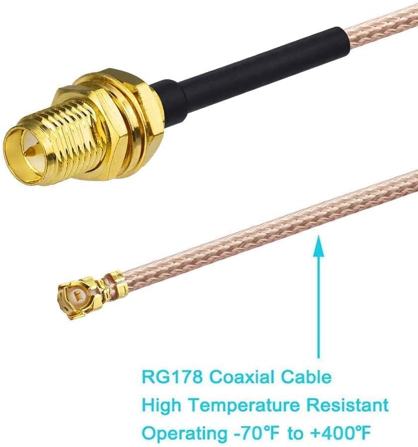 Close-up of the IPEX U.FL (MHF1) connector and the RP-SMA female bulkhead for legacy wireless cards