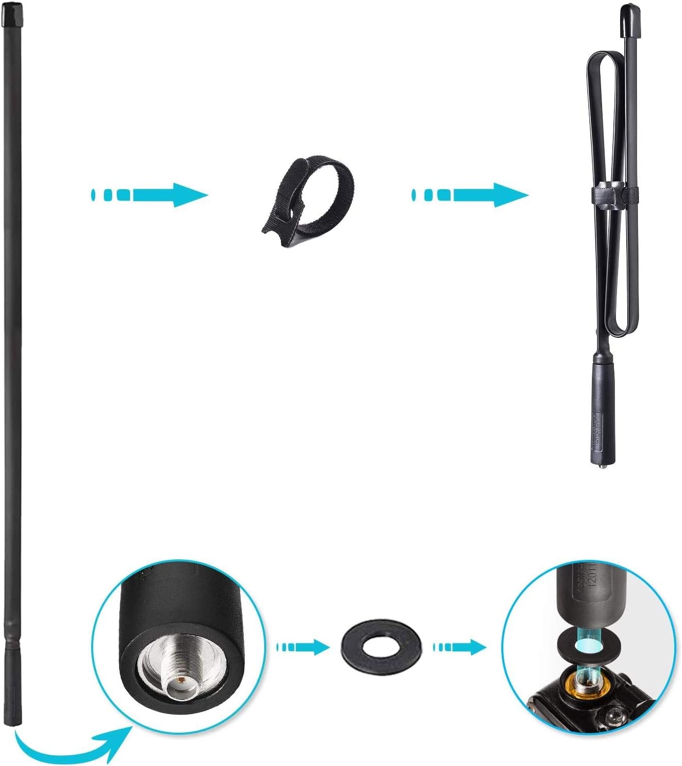 Close-up of the durable 79cm foldable steel ribbon antenna and the high-precision SMA female extension cable