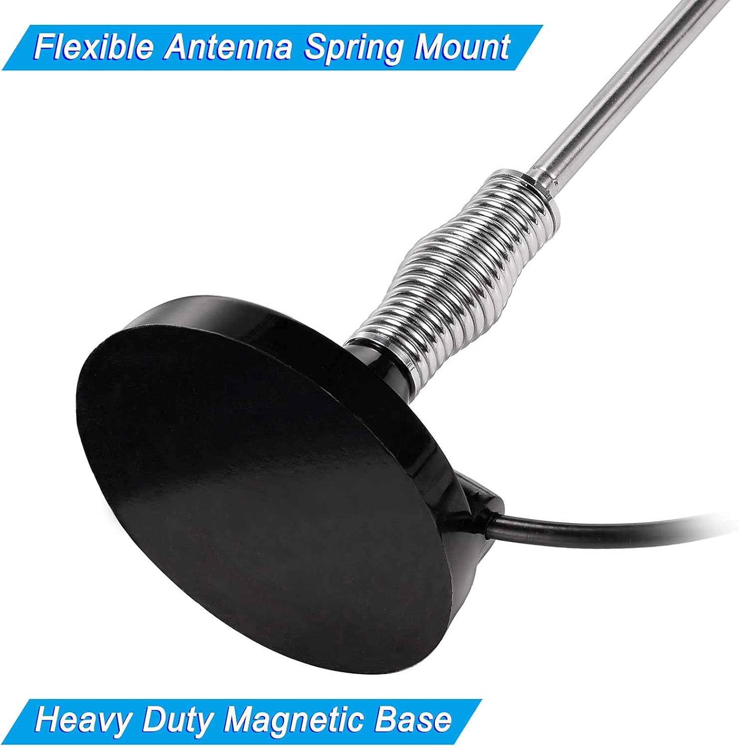Close-up of the durable center-loaded coil and flexible spring base of the CB antenna