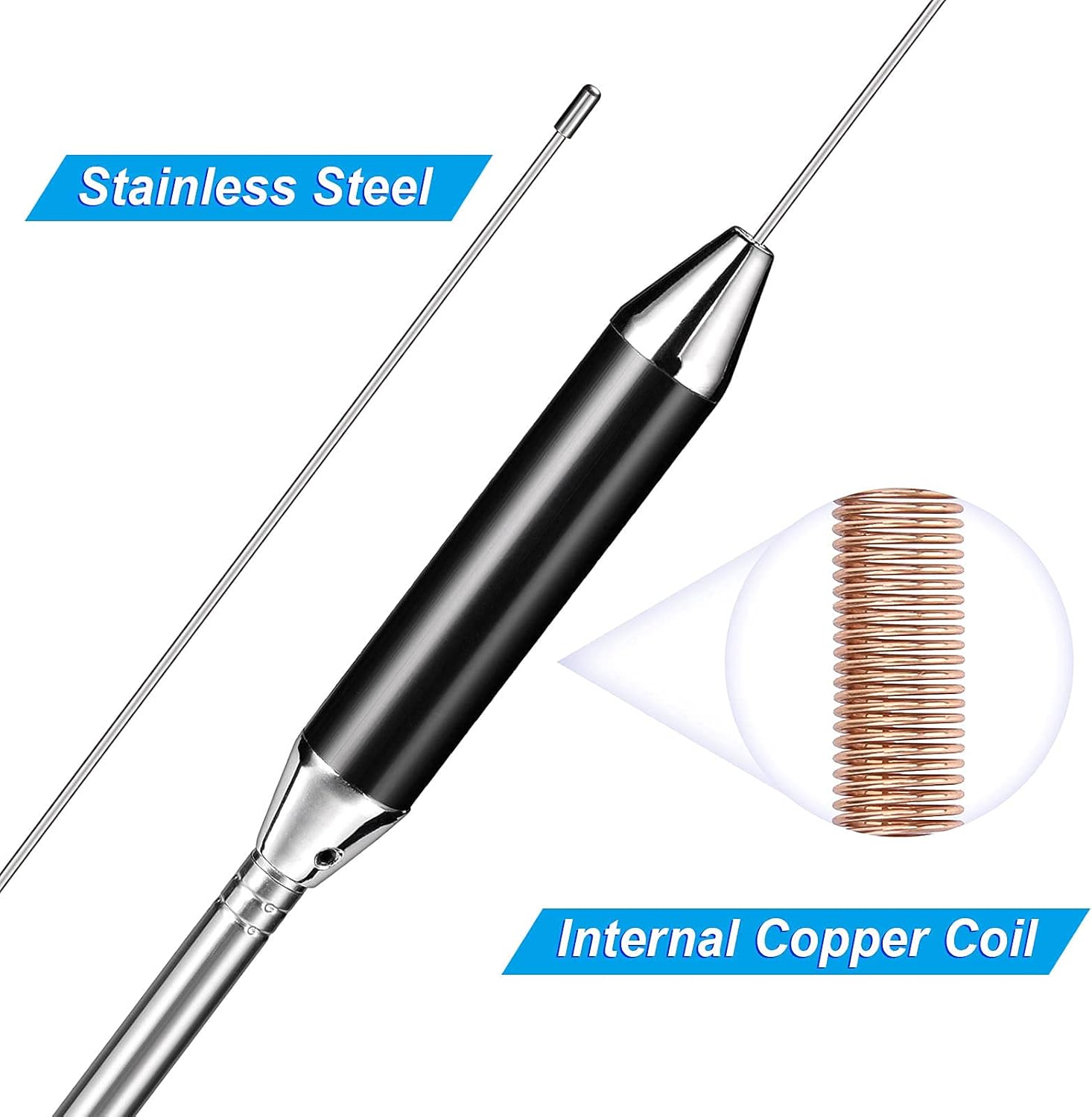 Close-up of the durable center-loaded coil and flexible spring base of the CB antenna.