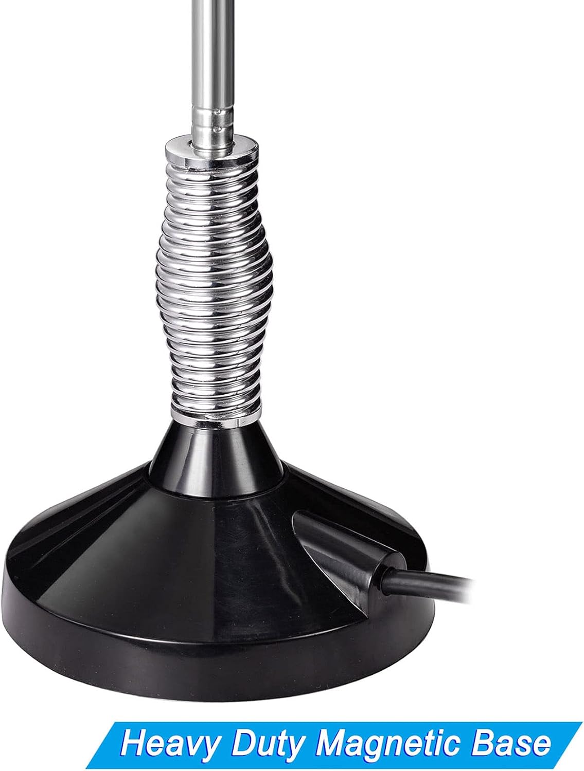 Close-up of the durable center-loaded coil and flexible spring base of the CB antenna.