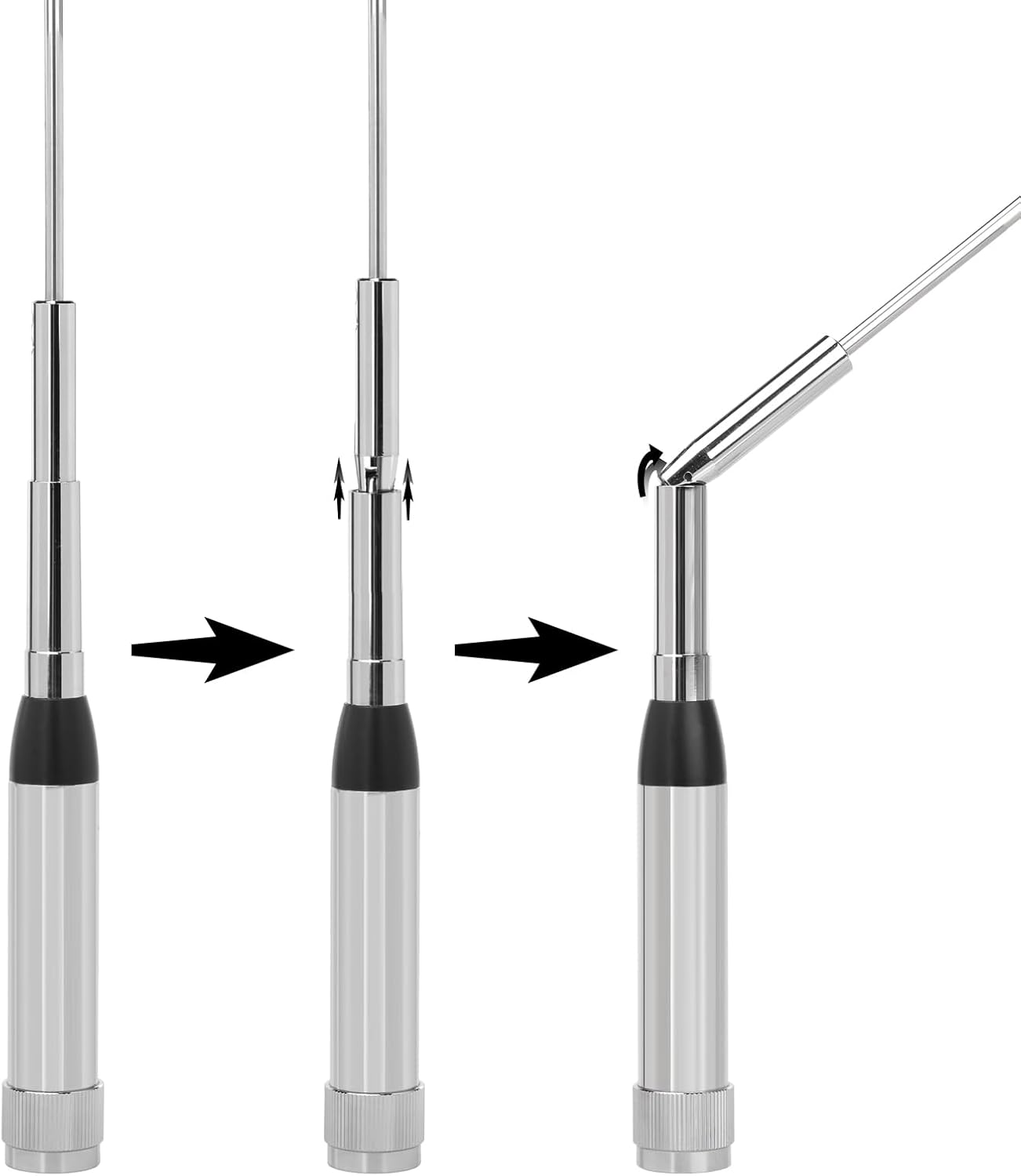 Close-up of the durable stainless steel whip and the robust spring-loaded antenna base