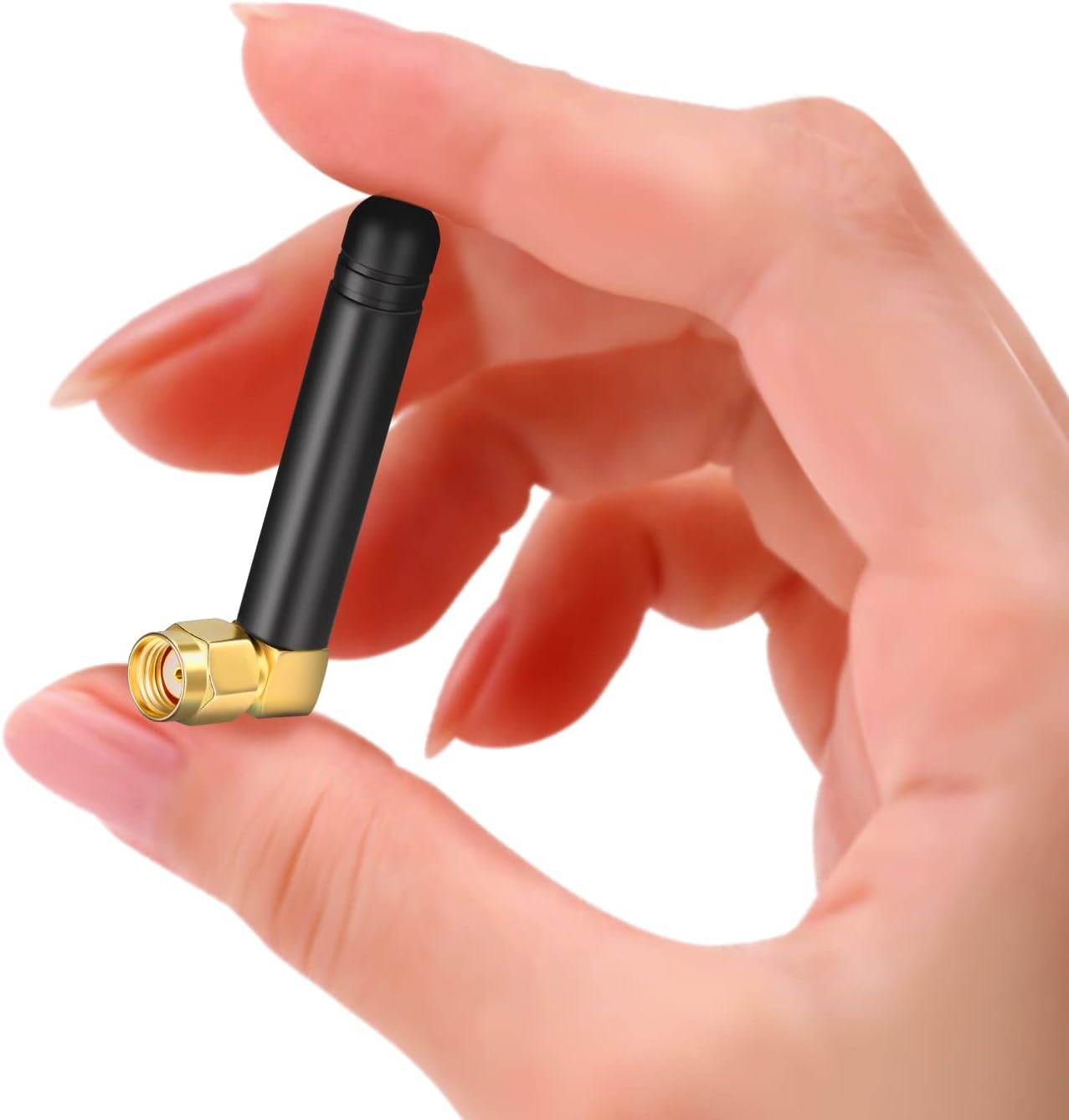 Close-up of the fixed 90-degree right angle design, showing the compact stubby antenna profile for tight spaces